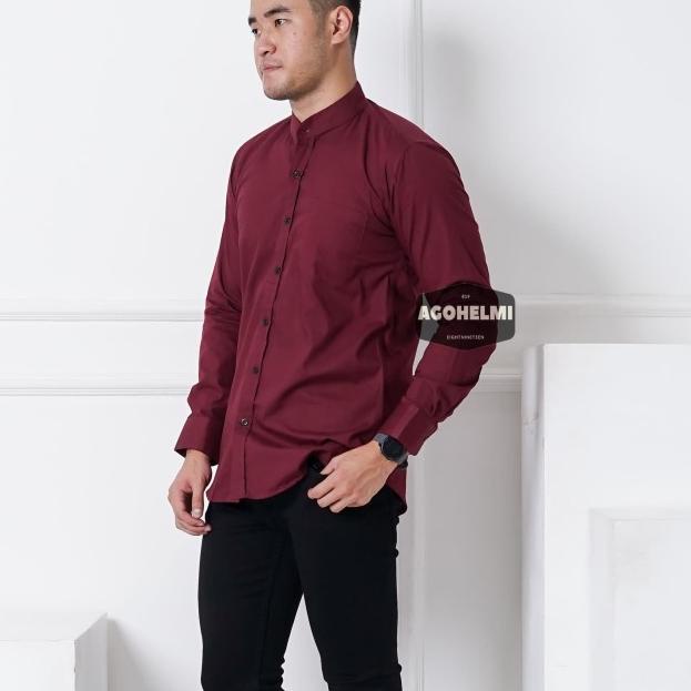 Kemeja Lengan Panjang Pria Merah Maroon Kerah Shanghai Polos Slimfit - Maroon, L