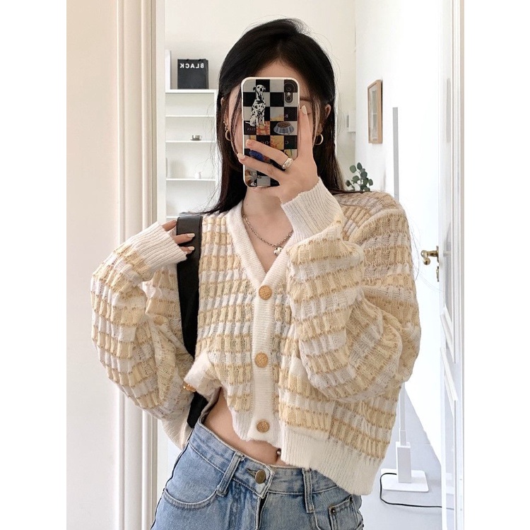 Cardigan Wanita Outer Rajut Stripe Korean Style Lengan Panjang Cardigan Kancing