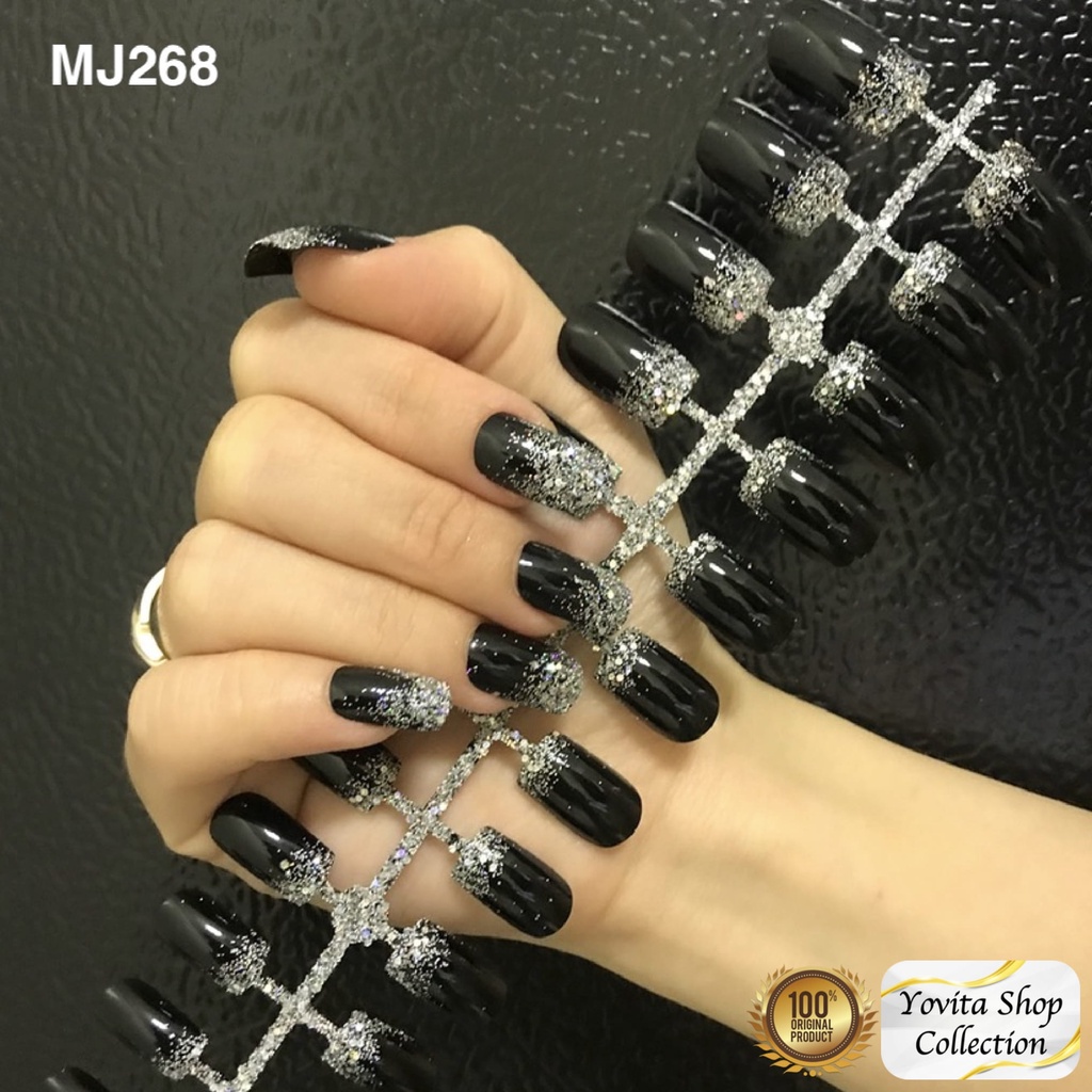 24Pcs Kuku Palsu Hitam Motif Glossy Matte / Fake Nails Gliter Motif / Nail Art Kuku Palsu