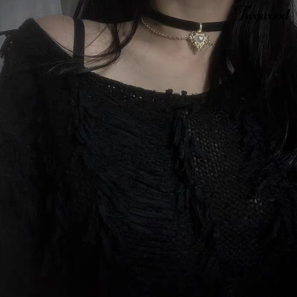 Kalung Choker Bahan Alloy Dengan Liontin Hati Aksen Mutiara Imitasi Gaya Gothic Untuk Wanita