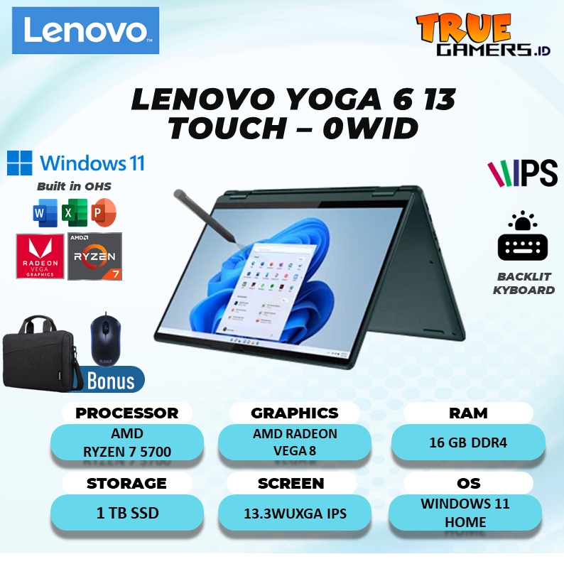 LAPTOP 2IN1 LENOVO YOGA 6 13 TOUCH RYZEN 7 5700U 16GB 1TBSSD VEGA8 W11+OHS 13.3WUXGA IPS