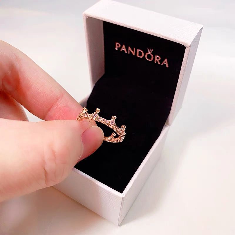 Pandora Cincin 925 Silver Cubic Zirconia Berlian 18k Rose Gold Desain Mahkota Princess Untuk Wanita