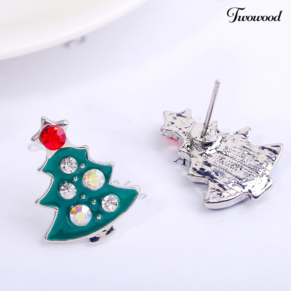 Anting Stud Desain Pohon Natal Bahan Alloy Aksen Berlian Imitasi Untuk Wanita