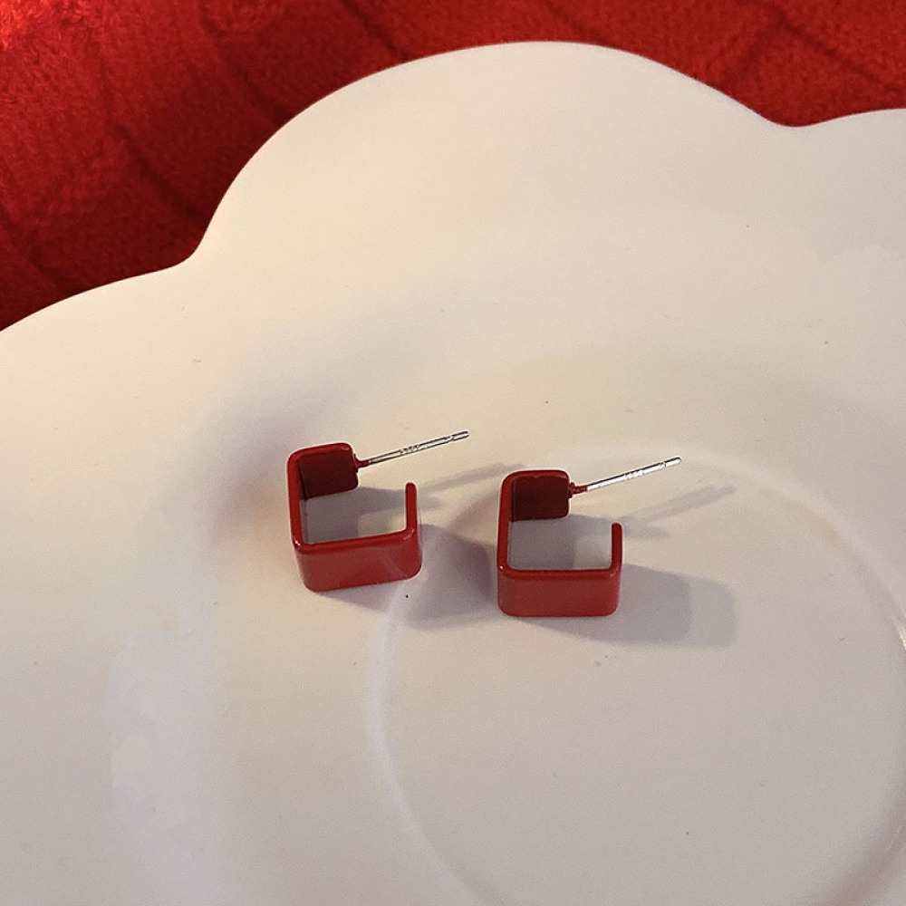 Anting Stud Enamel Bentuk Geometris Warna Merah Gaya China Untuk Wanita