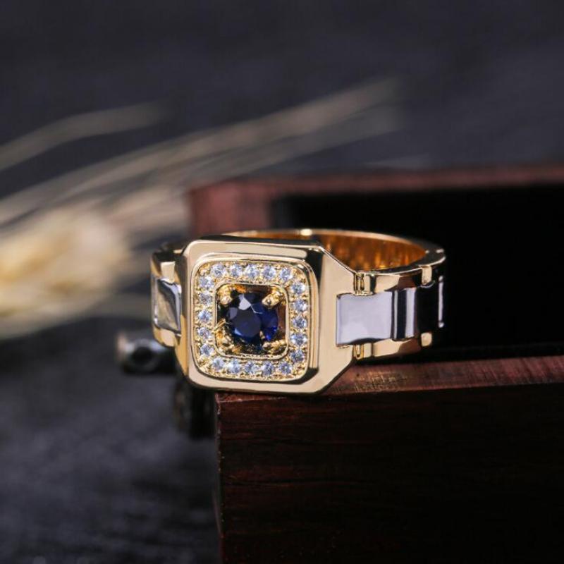 Cincin Sapphire Silver Gold Bahan Alloy Gaya Hip Hop Untuk Pria