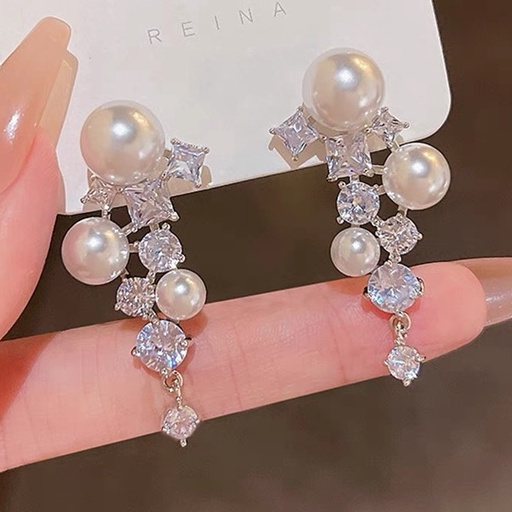 Anting Tusuk Gantung Bahan Sterling Silver 925 Desain Geometri + Mutiara + Berlian Gaya Trendy Untuk Wanita