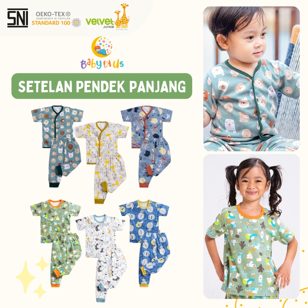 Velvet Junior Setelan Bayi Satuan - Atasan Pendek Celana Panjang Kancing Depan / Kancing Bahu NB S M L Pilih Motif