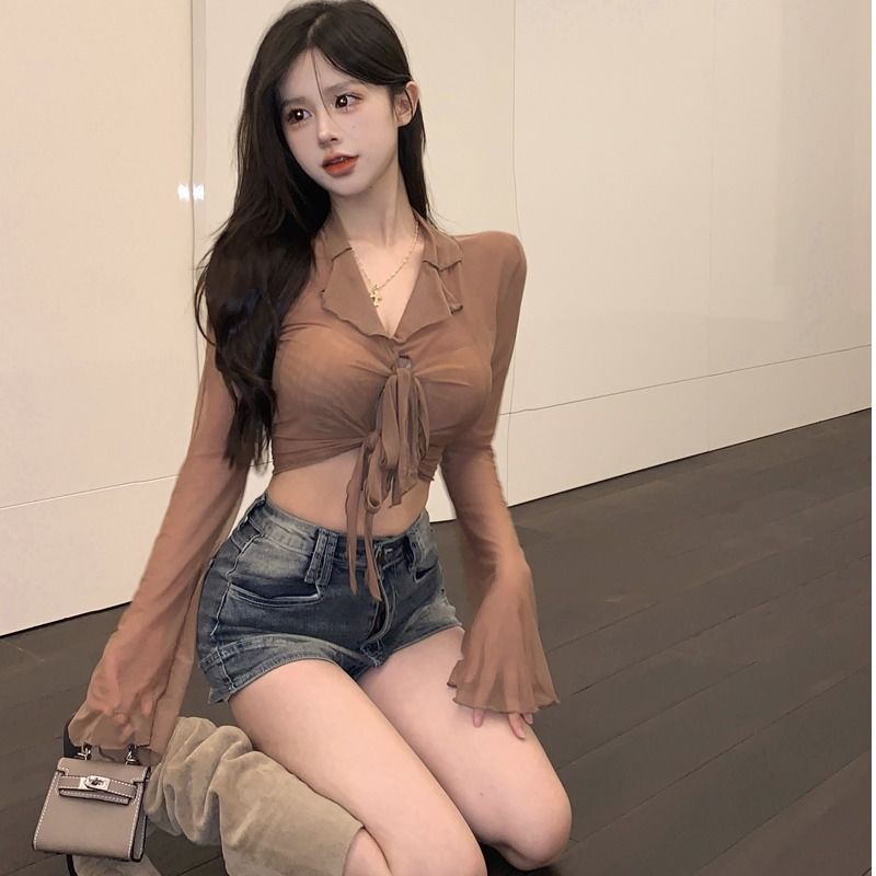 Red Warna Murni Mesh Lengan Panjang T-shirt Wanita Keinginan Murni Babes Seksi Perban Lengan Terompet Sedikit Transparan dan Tipis Pendek top In Pasang