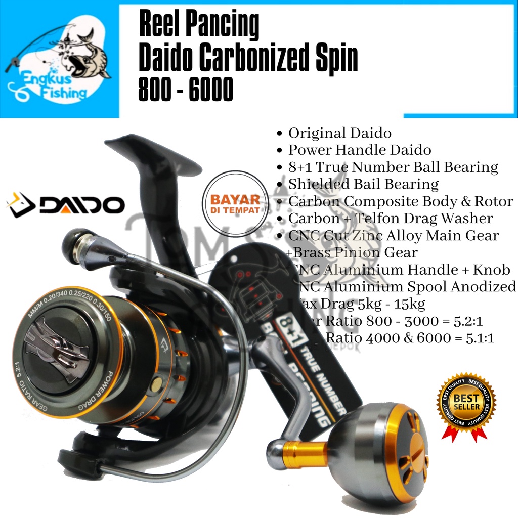 Reel Pancing Daido Carbonized 800 - 6000 (8+1 Bearing) Power Handle Full Seal Bearing -  Engkus Fishing