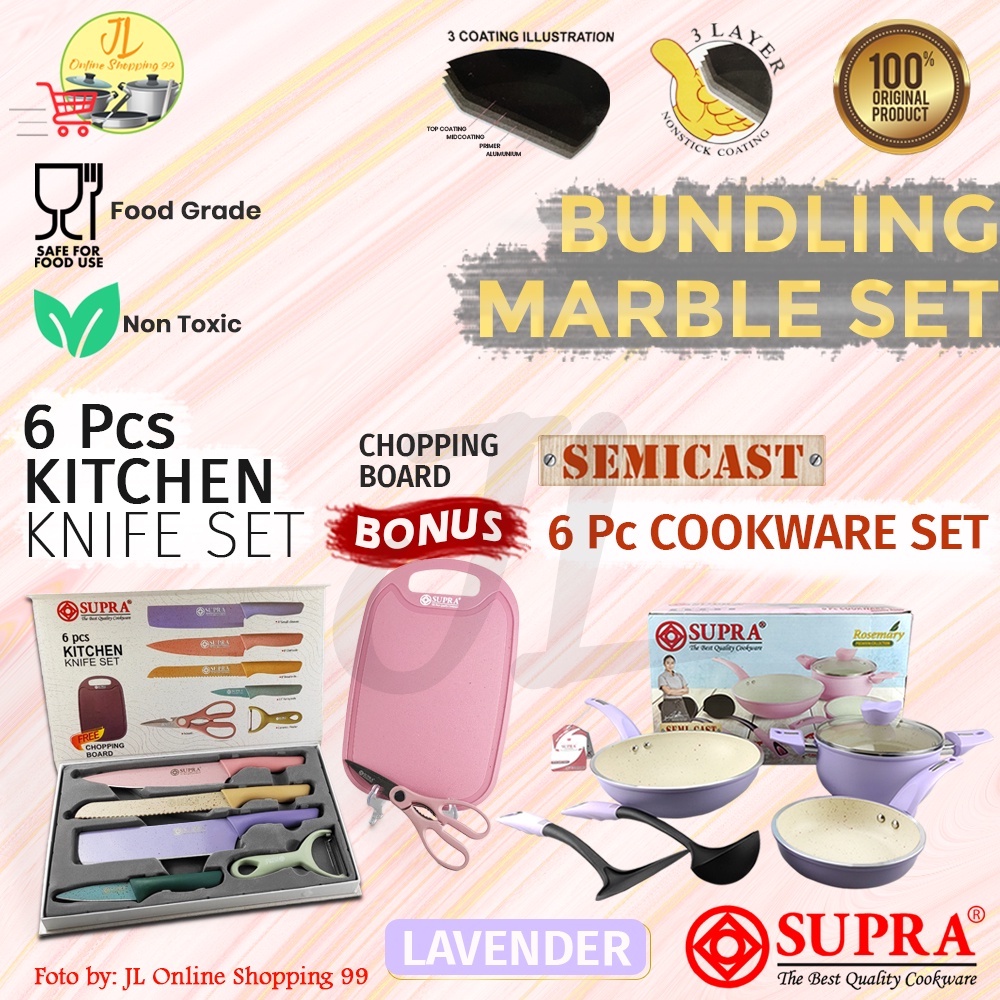 SUPRA 6pcs pastel white marble Lavender + 6pcs knife set stainless + cutting board / panci set anti 