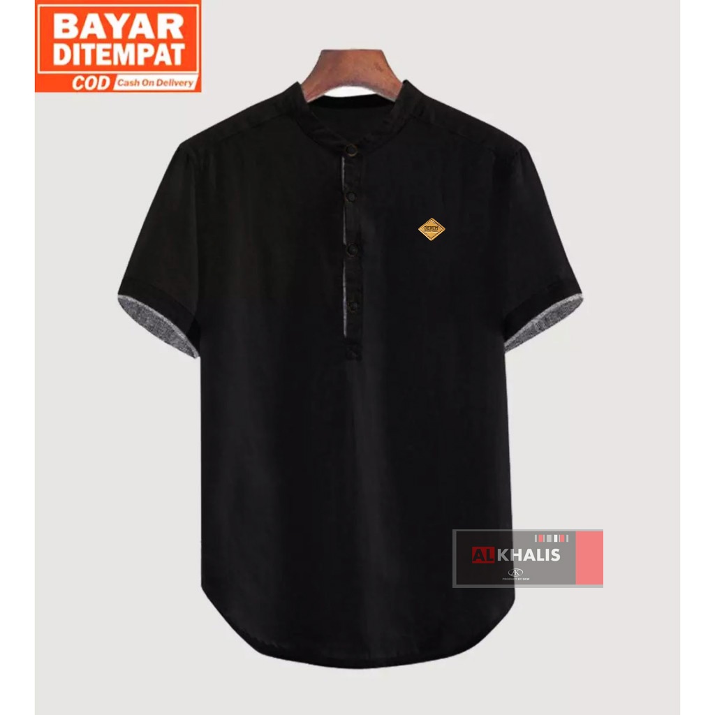 Alkhalis Baju koko kurta Lengan pendek Polos Putih Navi Hitam