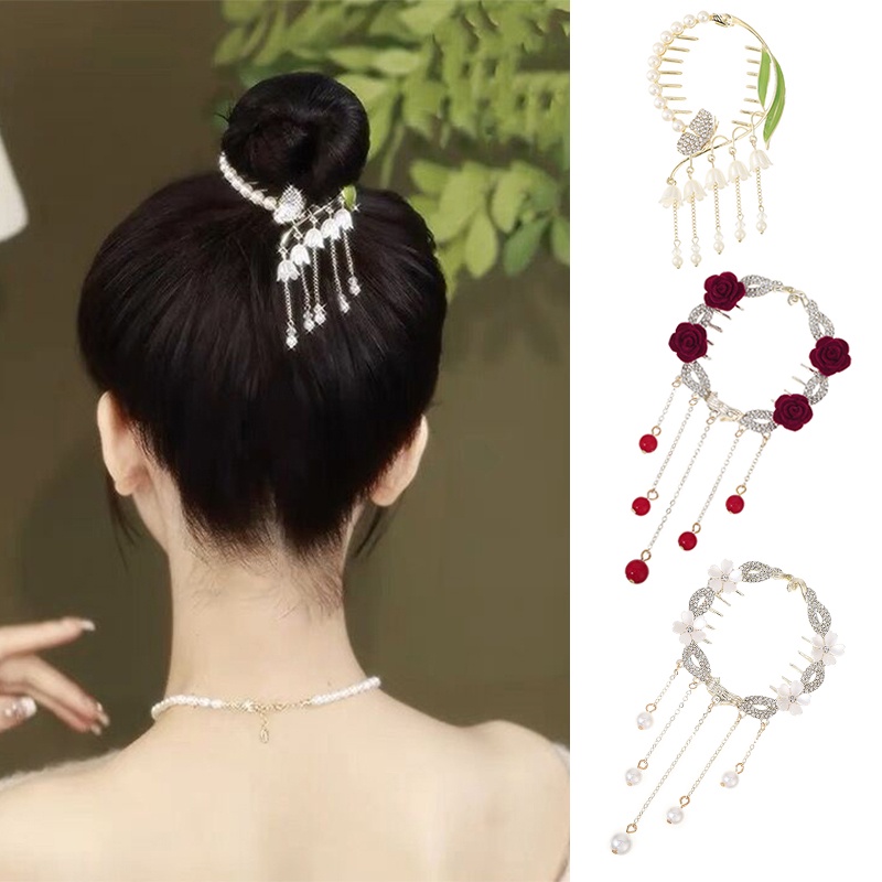 Jepit Rambut Ponytail Desain Bunga Aksen Mutiara Kristal Berlian Imitasi Bahan Alloy Untuk Wanita