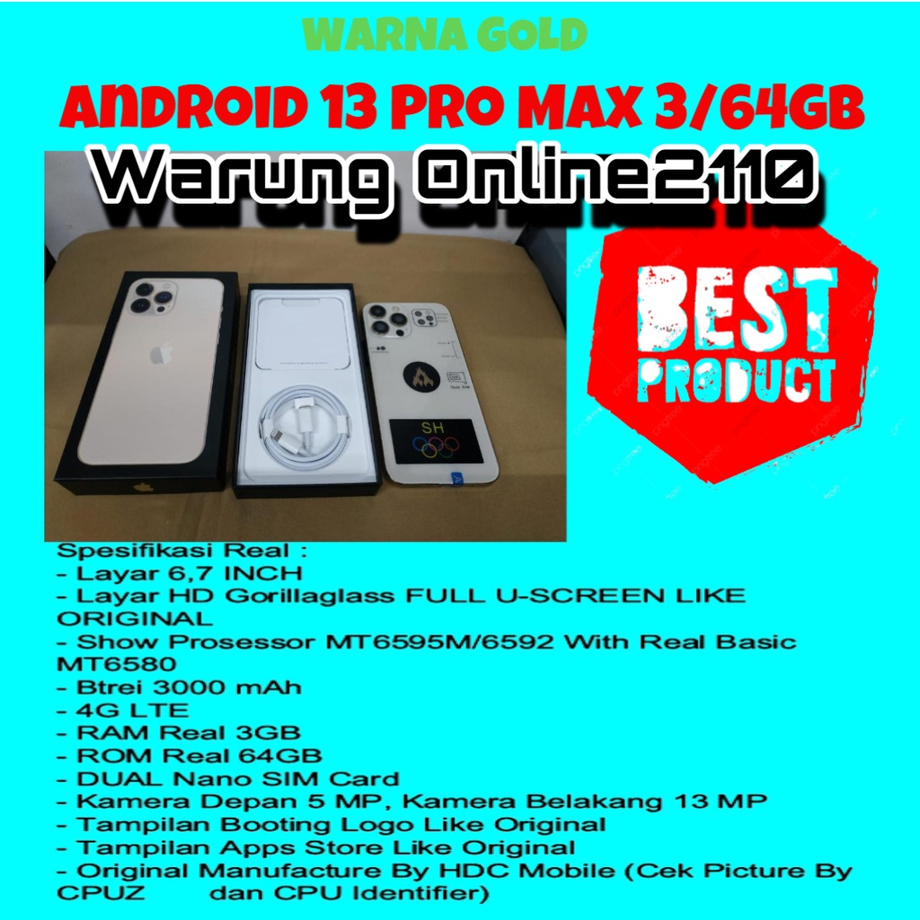 HANDPHONE ANDROID 13 PRO MAX 4G ULTIMATE FS HDC , RAM 3GB/64GB - WARNA GOLD