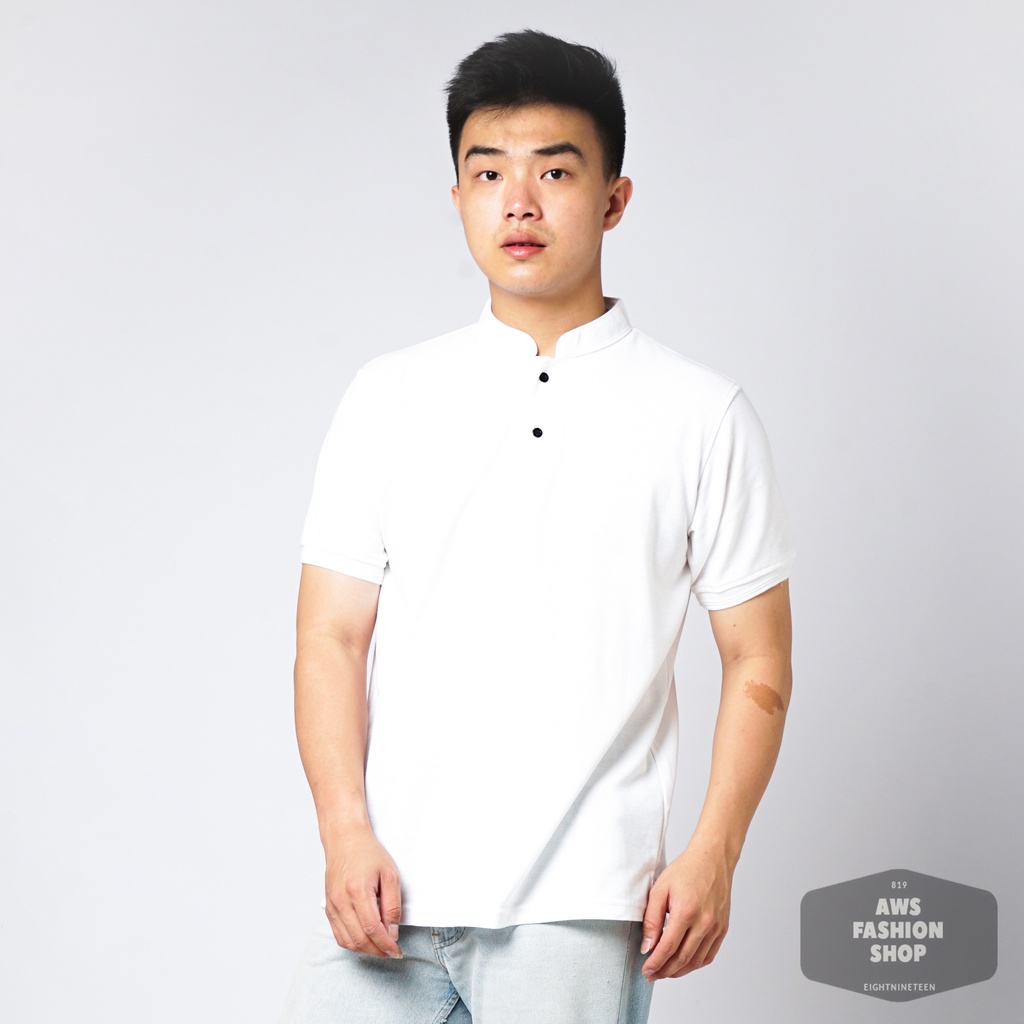 819 Kaos Polo Pria Polo Shirt Kerah Shanghai Warna Putih Kancing Hitam Casual Tersedia Ready Sampai Size JUMBO BIG SIZE XXL XXXL