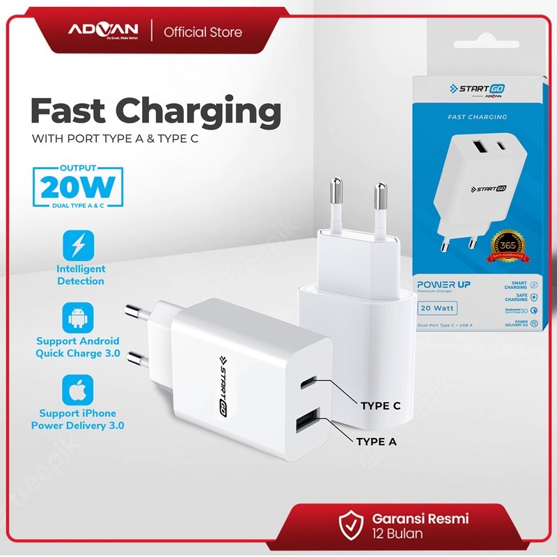 Kepala Charger ADVAN STARTGO PU20W 20Watt 3A Dual Port USB A + USB C