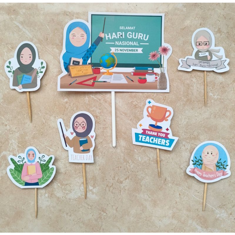satu set cake topper hiasan kue tema Selamat Hari Guru Nasional edisi Guru Hijab Guru Jilbab