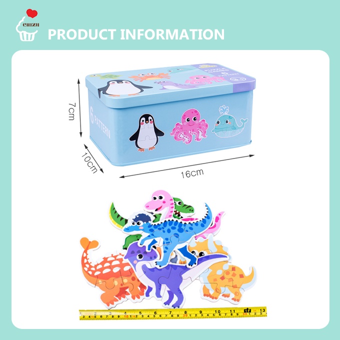 Duoqu Puzzle Games 6 Pattern | 6in1 Wooden Jigsaw Puzzle in a Tin Box | Puzzel Kayu Kotak Kaleng Tinbox 6 in 1 | Hewan Binatang Dinosaurus Transportasi Kendaraan Lucu | Mainan Edukatif Edukasi Anak Balita Bayi My First Step