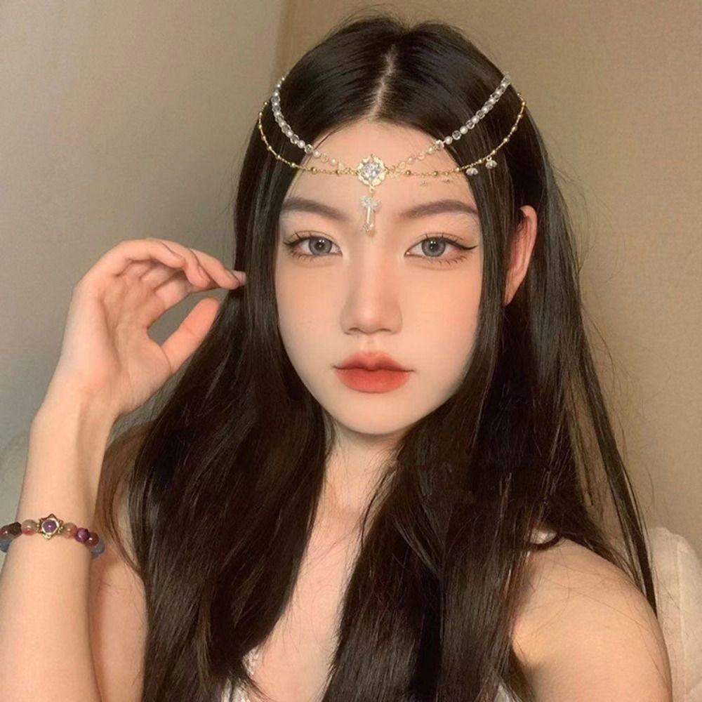 Agustinina Rantai Kepala Kristal Untuk Perempuan Antik Retro Mutiara Bunga Hiasan Dahi Pengantin Properti Foto Gaya Cina Tahun Baru Klip Samping