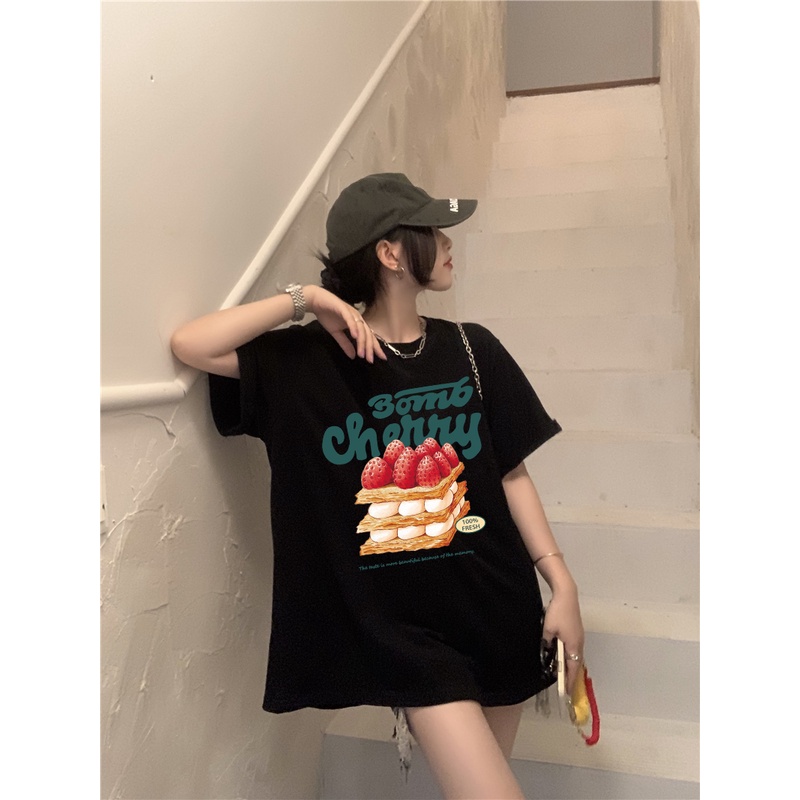 EUNII T-shirt Lengan Pendek Strawberry Cake Korean Style/Kaos Atasan Wanita/Baju Kaus Oversize Wanita/Kaos Wanita