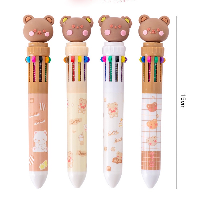 1pc Pulpen 10 Warna Bahan Silikon Bentuk Kartun Beruang Untuk Sekolah / Kantor