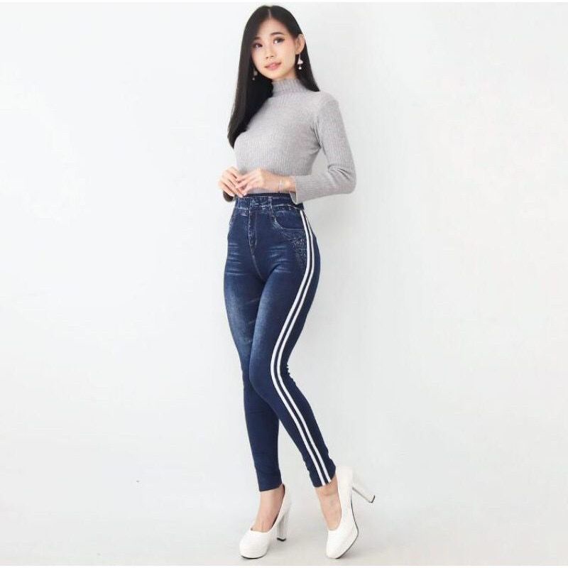 LEJING JEANS HIGHWAIST LIS 2 PUTIH IMPORT / LEGGING JEANS FASHION / LEGING DENIM WANITA