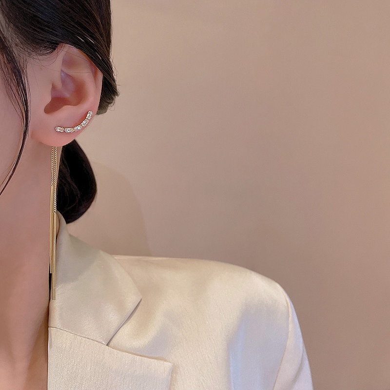 Anting Gantung Panjang Model Rumbai Bahan Silver 925 Dengan Zircon Untuk Wanita