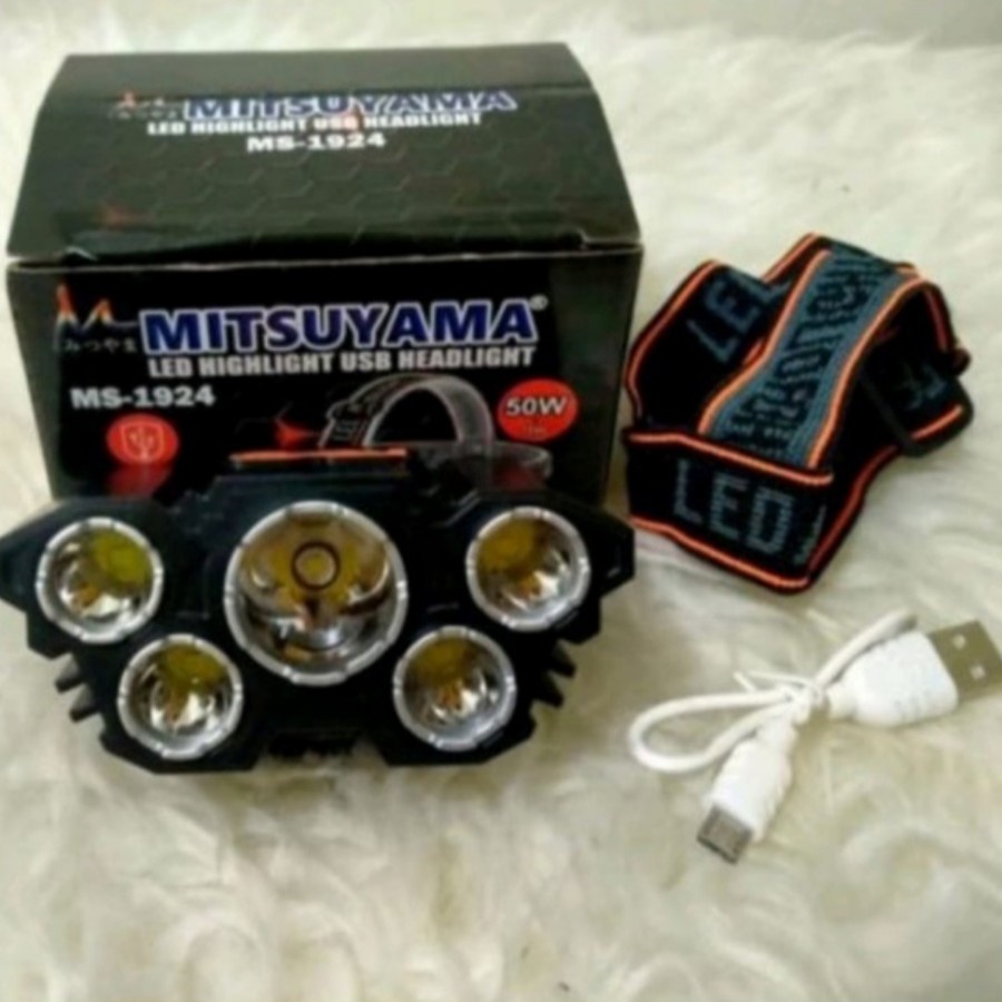 Senter Kepala 50 Watt LED 5 Mata 3 Mode Cahaya Putih Mitsuyama MS-1924