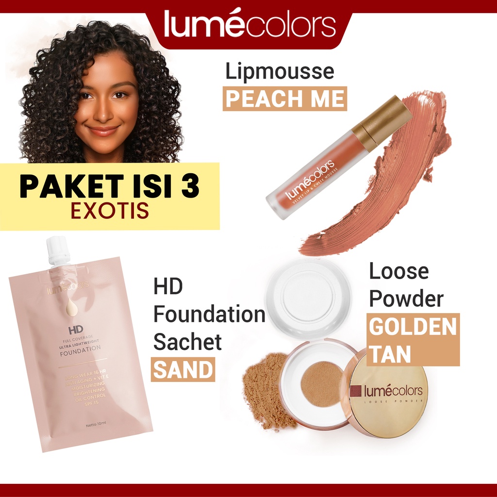 (Free Emas 24K) Lumecolors Paket Bundling 3in1 Simple Base Loose Powder + Sachet Foundation 10ml + Lipmousse