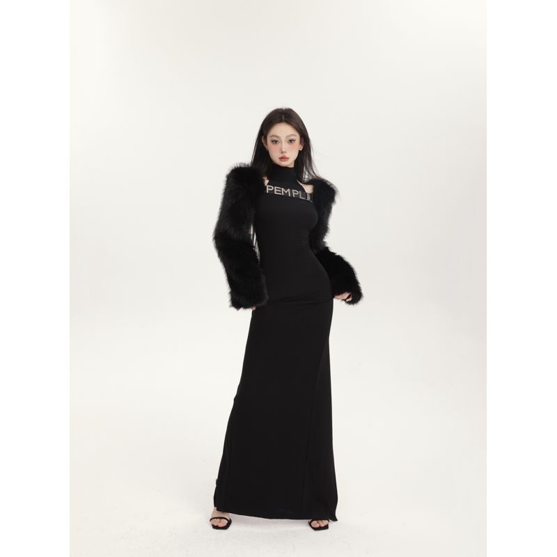 Suhao musim gugur dan musim dingin baru mewah faux fur short blouse coat sexy menggantung leher tas pinggul dress rok hot girl setelan perempuan