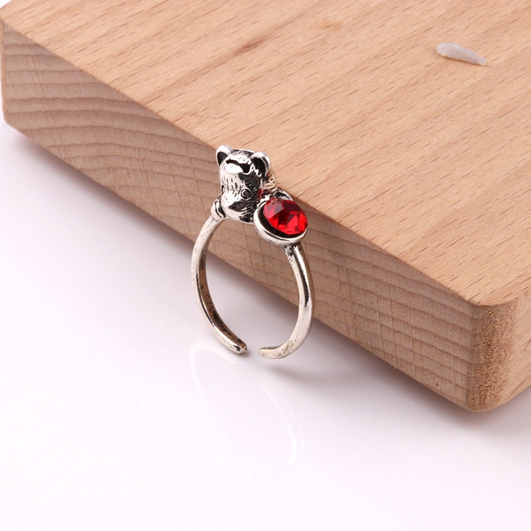 Cincin Model Terbuka Desain Kucing Aksen zircon Merah Gaya Korea retro Untuk Pasangan
