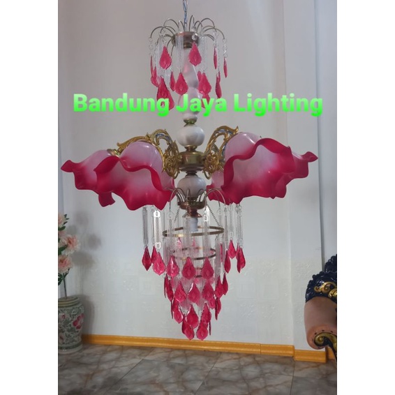 LAMPU KRISTAL TULIP JUMBO RED 7 BOHLAM/LAMPU GANTUNG/LAMPU HIAS/LAMPU DEKORASI