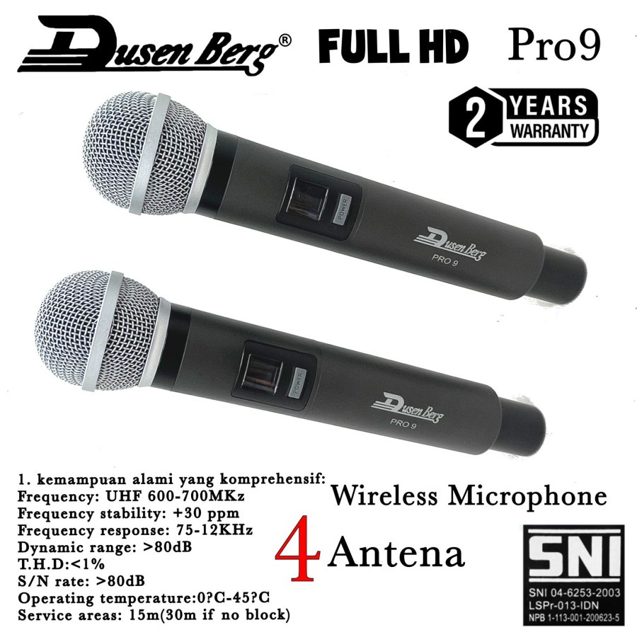 MICROPHONE MIC WIRELESS KARAOKE DUSENBERG PRO 9 UHF 2 MIC 4 ANTENA ORIGINAL