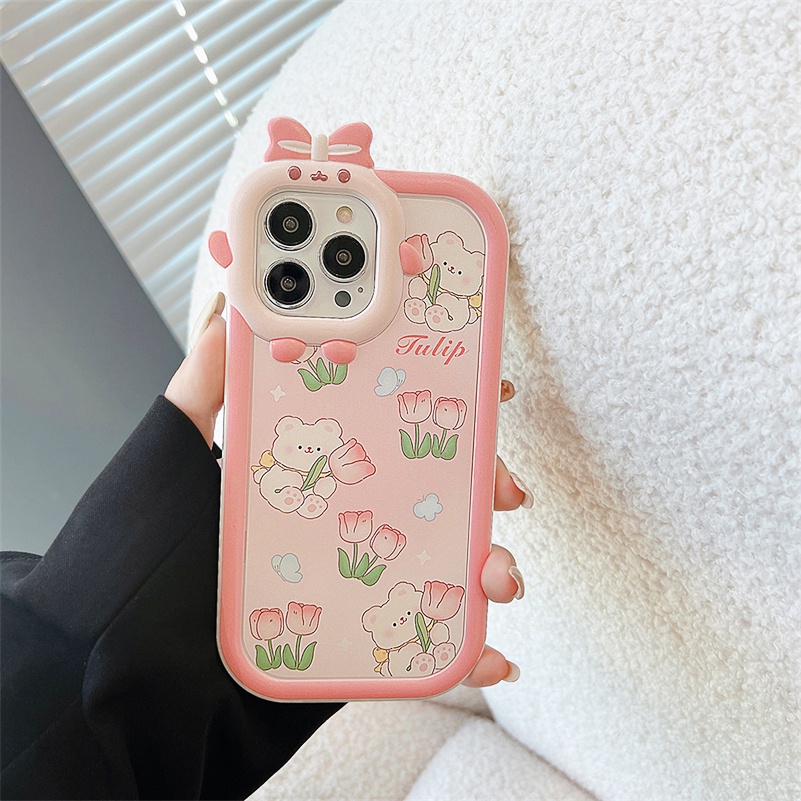 Soft Case Silikon Motif Beruang / Bunga Pink Untuk iPhone 14 13 12 11 Pro Max X Xr Xs Max 7 8 6 6s Plus