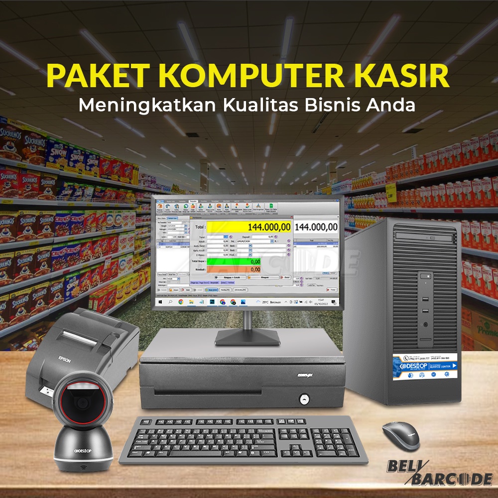 Satu Set Full Paket Kasir Komputer Software IPOS 5 PRO Scanner CD680 Printer TMU220D Cash Drawer CR40000g