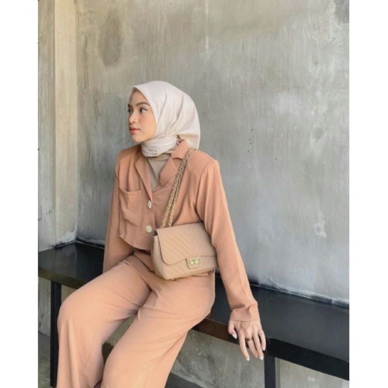 One set Crinkle Setelan Crop top Blezer - one set wanita kekinian YPD
