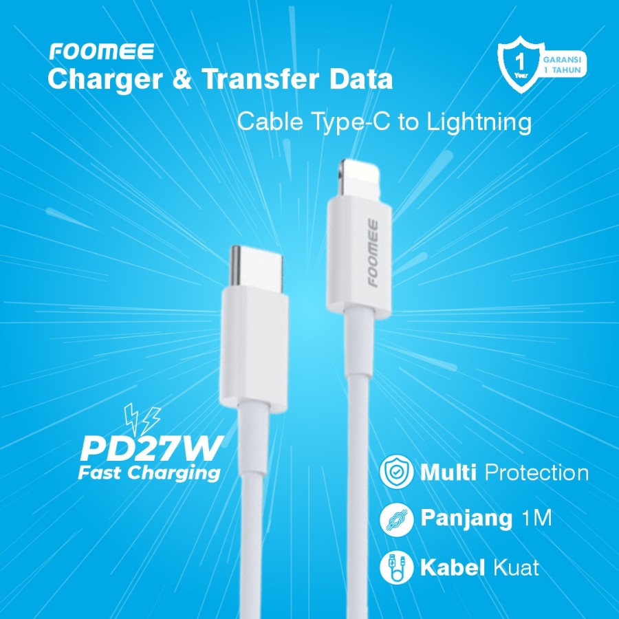 Kabel Data Type C to Type C 65W FOOMEE FD103 Type C to Lightning 27W Fast Charger