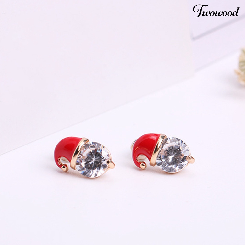 1 Pasang Anting Stud Cubic Zirconia Bentuk Topi Natal Warna Merah Untuk Wanita