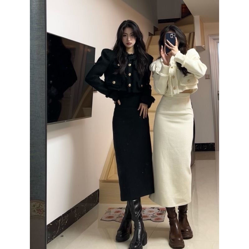 Musim Gugur Fashion Two-Piece Set Temperamen Wanita Aroma Kecil Pendek Jas Bahasa Perancis Slim Slim Celah Rok Panjang