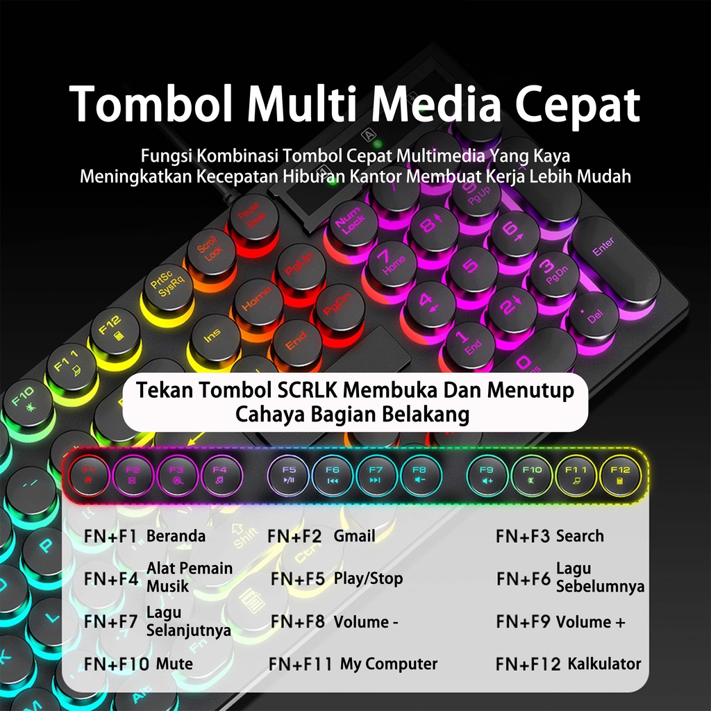 （COD）Glowy keyboard gaming Bulat Punk Mechanical Komputer Set Gaming Mouse dan keyboard USB Cable RGB GTX300 G21  TF270