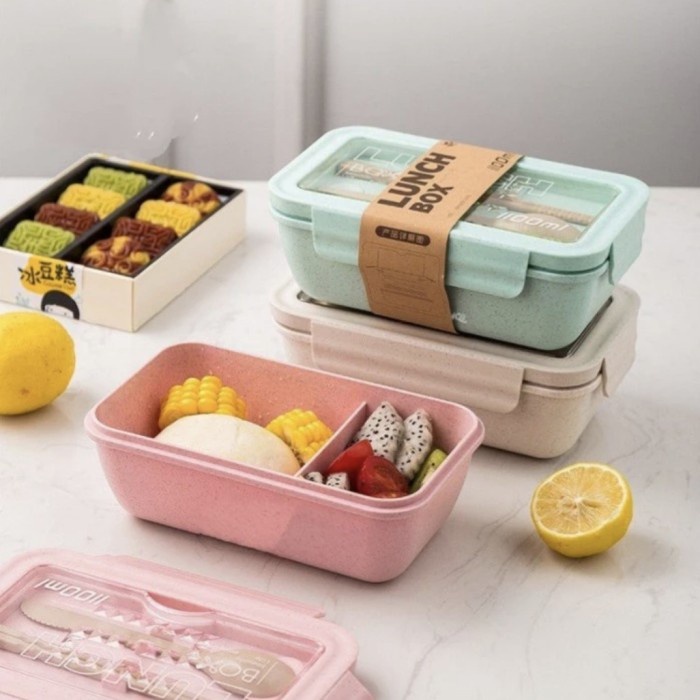 Lunchbox Bento Bekal Sekat 2 Kotak Tempat Makan + Sendok 1100 ML 4in1