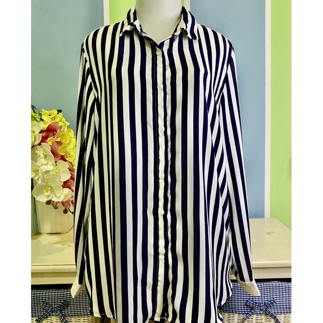 Kemeja Belechic  motif strip navy mix putih / kemeja sembur peach kemeja branded wanita motif salur 