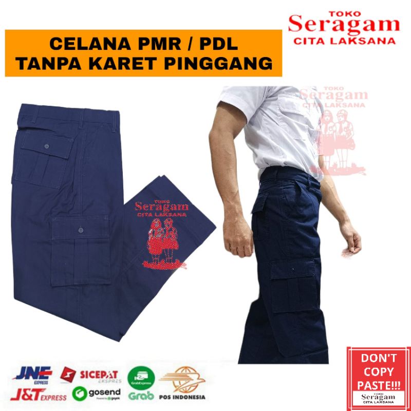 Celana Panjang PMR Biru Model Gemblok / Cargo (Kantong 6) Tanpa Karet Dipinggang