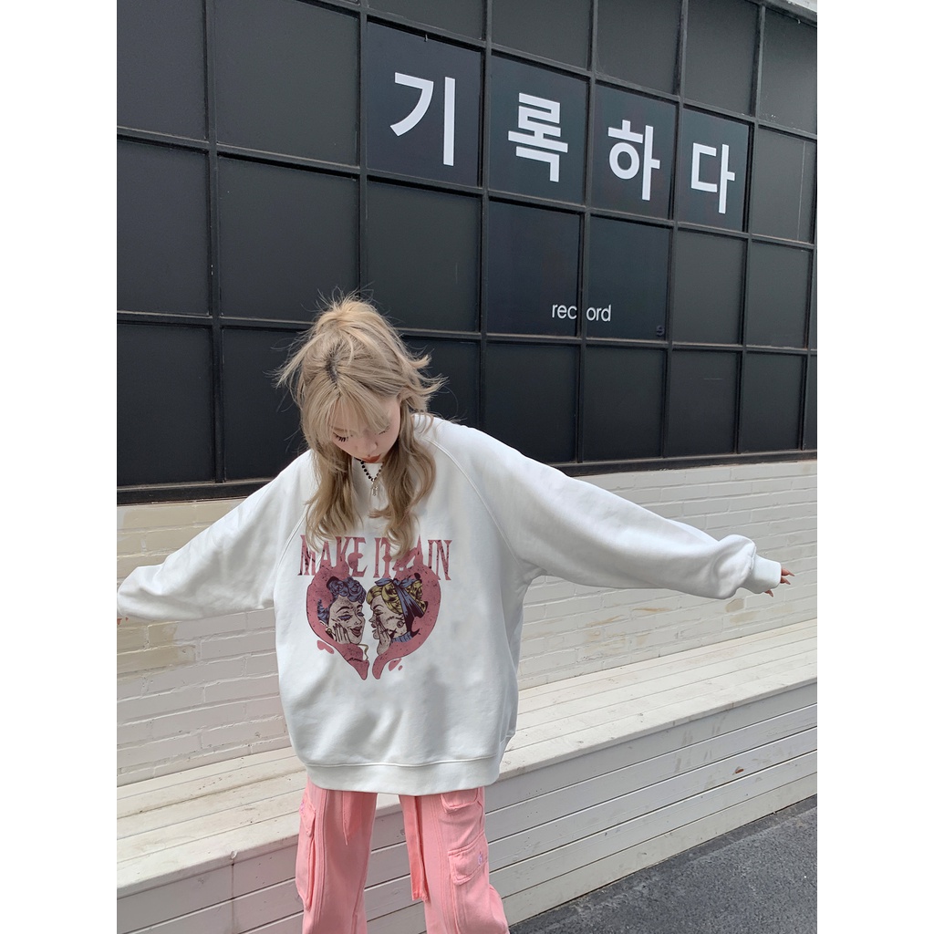 EUNII Sweater Lengan Panjang Retro Love Korean Style/Hoodie Oversize/Baju Wanita/Switer Wanita