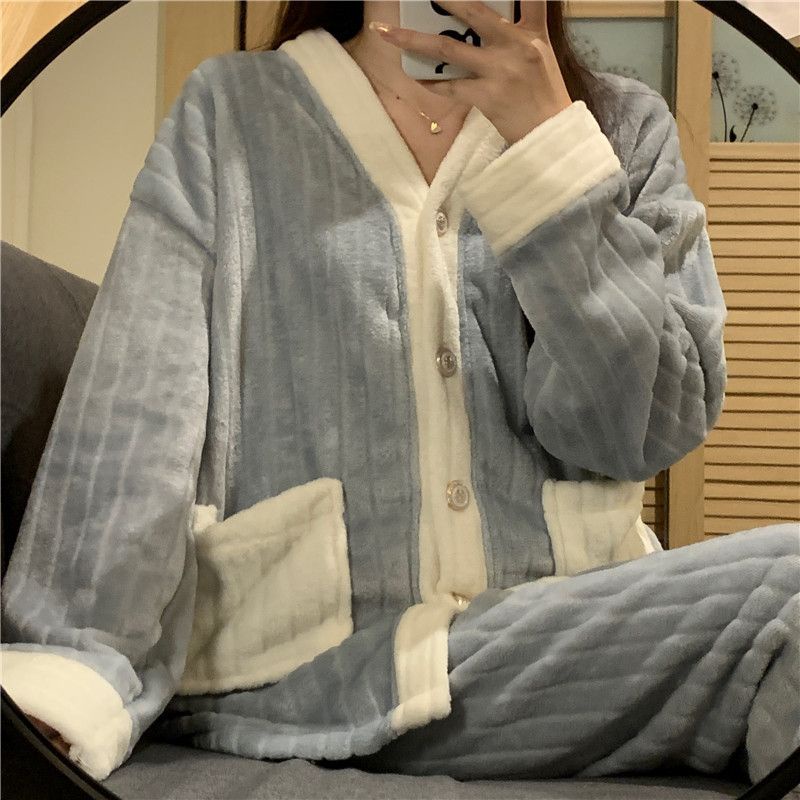 Suhao s new ins coral fleece pajamas women s autumn and winter plus beludru tebal flanel home service suit bisa dipakai di luar di musim dingin