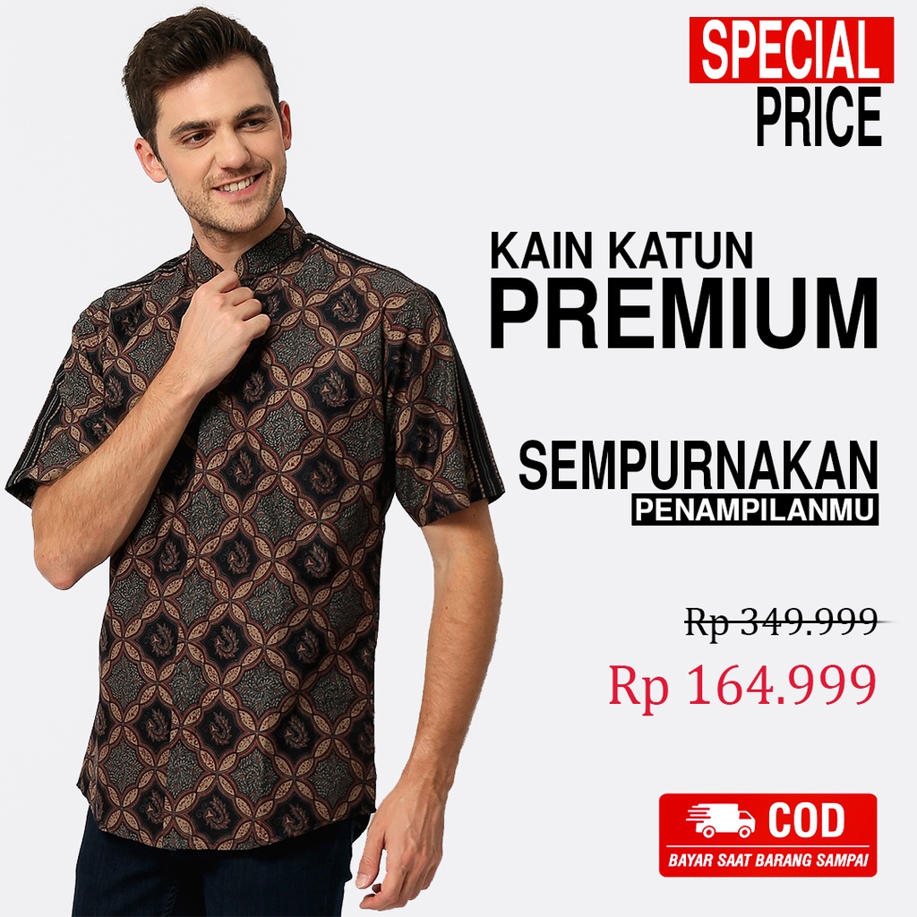 KEMEJA BATIK PRIA Lengan Pendek Slimfit Slim Fit Premium Warna Hitam Coklat 728854 Cap 72 - Baju Kemeja Atasan Pakaian Setelan Batik Pria Cowok Laki Laki Remaja Keluarga Kantor Lengan Pendek Modern Slimfit Slim Fit Premium Kekinian