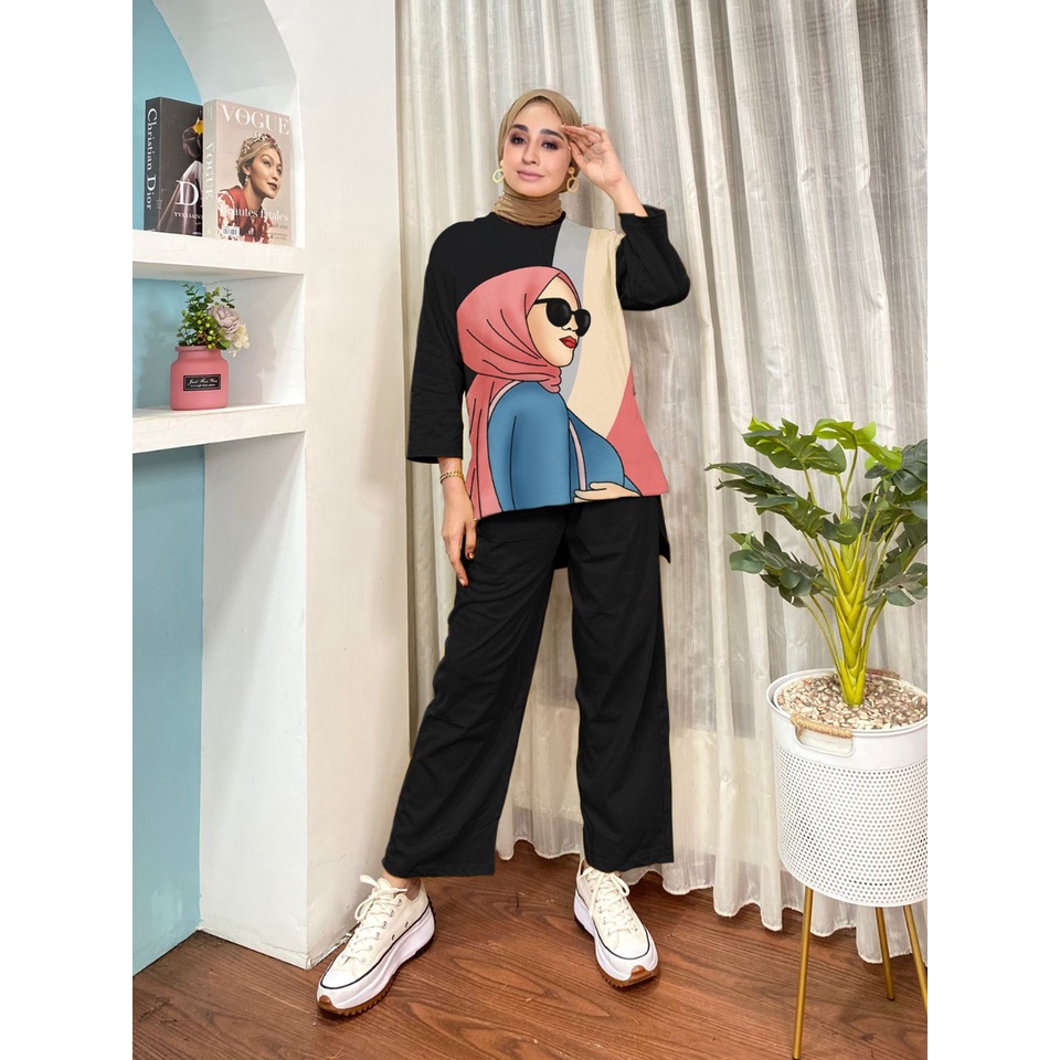 SETELAN KAOS TUNIK OVERSIZE BAHAN CRINKLE/SETELAN MOTIF WANITA CRINKLE