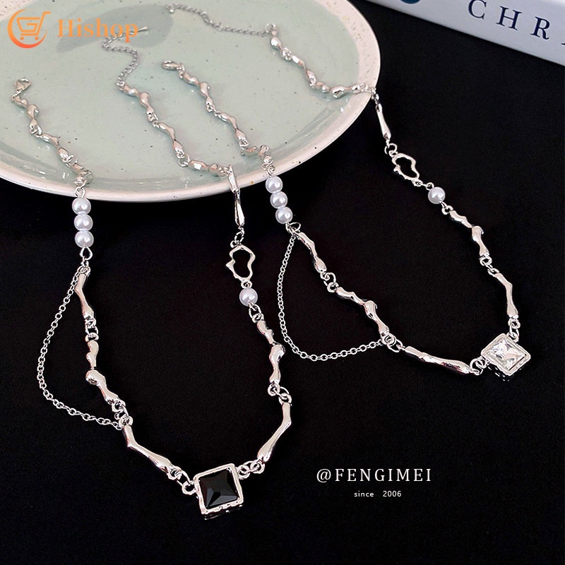 Kalung Choker Rantai Klavikula Hias Mutiara Bentuk Kotak Warna Hitam Dan Putih Untuk Wanita