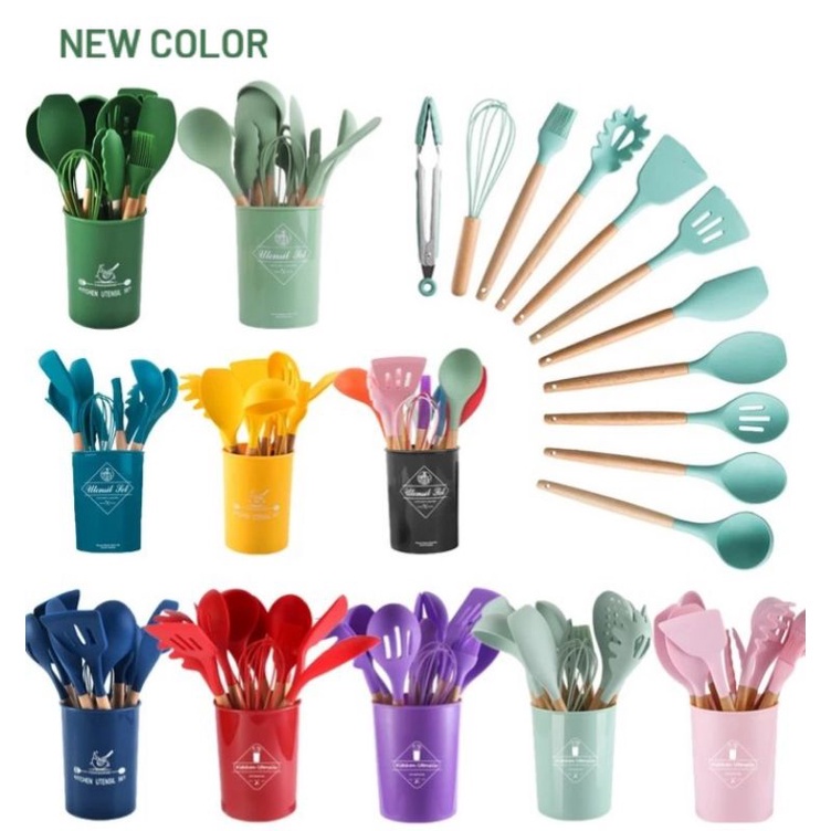 Spatula utensil 1 set 12item kayu dan silikon