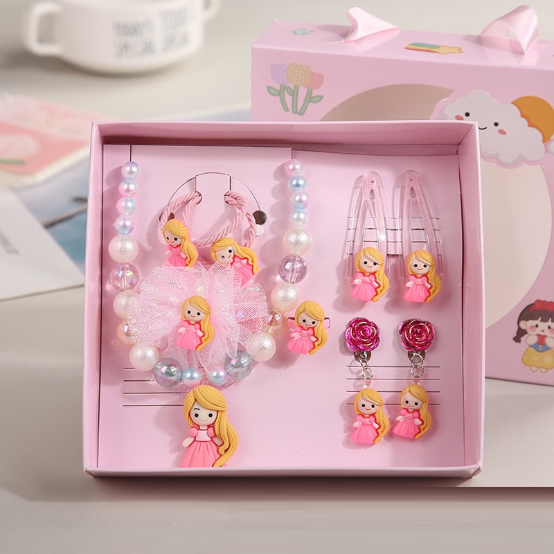 NEW Set Jepit anting kalung anak perempuan motif cartoon (dengan kotak)