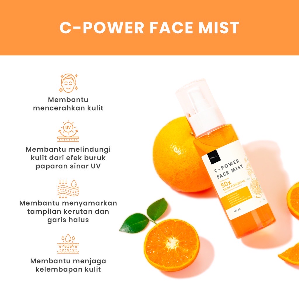 SCARLETT Whitening C-Power Face Mist Indonesia / Pelembab Wajah 100ml / 50X More Powerful Than Traditional Vitamin C / Brightening / Mencerahkan Kulit / Skincare Care / Perawatan Wajah / Paket Combo Series Facial Wash Toner Serum Mistry Cream Moisturizer